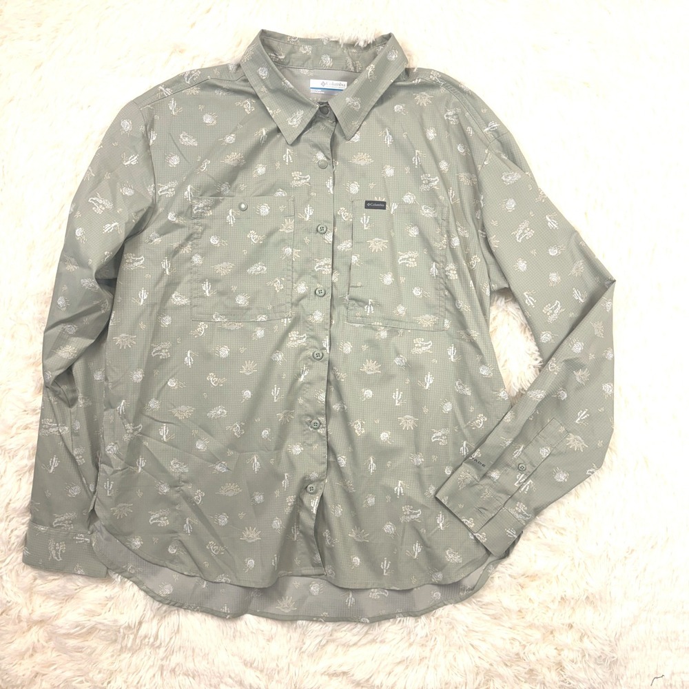 NWOT Columbia Silver Ridge Shirt Womens L Sage Green Cactus Print UPF 40 Utility